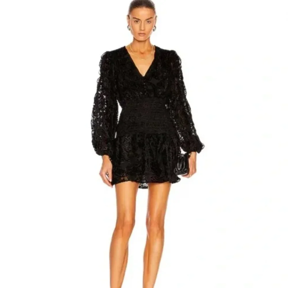 Rococo Sand Sade Lace Trim Mini Dress in Black NWT